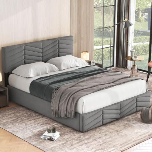 Lit Adulte 140x190 cm - Coffre de Rangement - Lit Double avec sommier à Lattes - Tête de lit réglable - Velours Gris