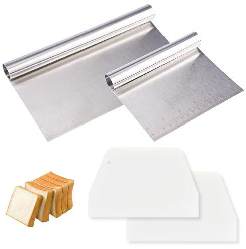 4 Stück Teigschaber Edelstahl, 22cm + 15cm Teigschneider Groß mit Messskala | Gemüseschaufel Teigkarte Edelstahl Set und Kunststoff Kuchenschaber Dough Scraper, Teigspachtel für Pizza, Obst, Kuchen