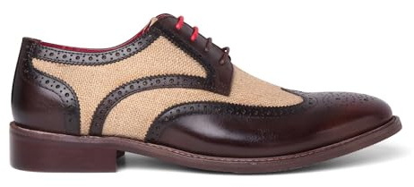 Men's Brown Leather Canvas Detailing Brogue Shoes - Cole