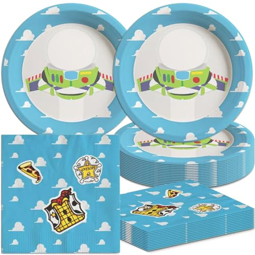 40pack Cartoon Story Birthday Party Decorations Toy Inspired Story Paper Plates and Napkins Supplies Blue Sky White Cloud Birthday Party Decorations