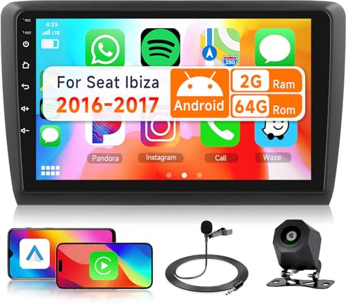 2G&64G 9 Radio de Coche para Seat Ibiza 2016-2017 con Carplay Android Auto,Bluetooth Radio RDS/FM,Mirror Link,navi WiFi,cámara de visión AHD