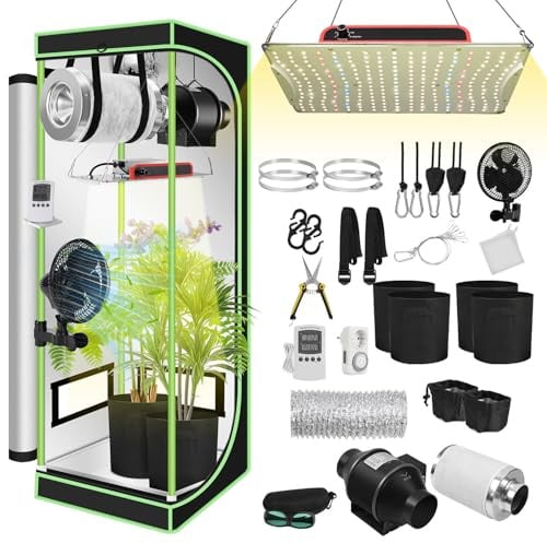 Daromigo Growzelt Komplettset 60x60x140cm mit Dimmbarer LED Grow Lampe, Pflanzenzelt, Inkl. 4 Aktivkohlefilter, Ruhigem Lüfter & Rohrventilator, für Hydroponik Indoor Anbau