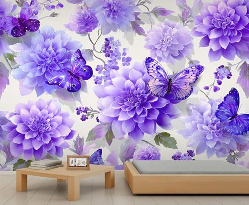 YEMYOR Dahlia Wallpaper Purple Dahlia Flower Mural Wallpaper for Living Room Bedroom Purple Flower Butterfly Wall Mural for Kitchen Restaurant Office-250x175cm