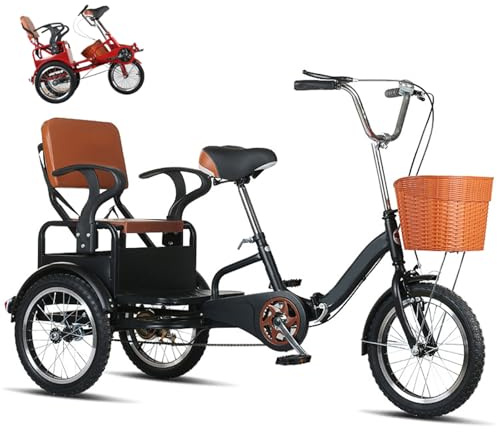 GJHGNFRDK Verstellbares Lasten-Dreirad, 16-Zoll faltbares Dreirad for Erwachsene, Tandem-Rücksitz, verstellbar, 3-Rad-Stauraum, Rot/Schwarz(Black)
