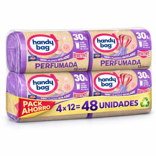 Handi Bag Bolsas de Basura Perfumadas 30 L – Pack Ahorro 4 x 12 | 48 Unidades | Resistente, Antigoteo, 100% Reciclado | RASMACOR