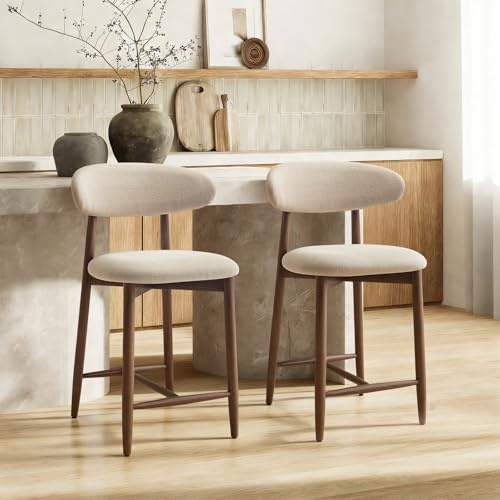 COLAMY Tabourets de Bar avec Dossier, Lot de 2 - Chaises de Cuisine à Dossier avec Pieds en Bois pour Cuisine, Bar, Salle à Manger, Bureau, Couleur Beige