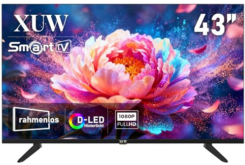XUW 43-Zoll Full HD Smart TV, D-LED-Hintergrundbeleuchtung Fernseher, randloses Design, HDMI, USB, DVB-T2/S2, RJ45-Anschluss, großer Bildschirm für Wohnzimmer, Schlafzimmer, Heimunterhaltung- schwarz