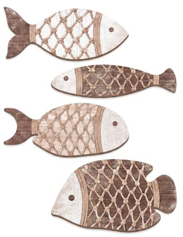 Satiskid Maritime Deko 4 Stück Holz Fisch Wanddeko, Bad Deko, Wanddeko Holz | Maritime Deko 4 Stück Holz Fisch Wanddeko, Wanddeko Holz, Deko Fische für Bad, Wohnzimmer & Outdoor