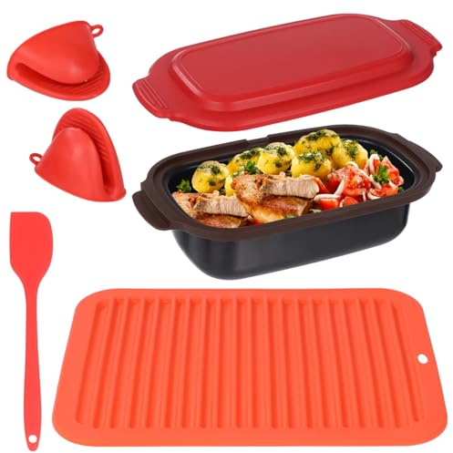 Microwave Grill Pan, Silicone Microwave Baking Pan for Microwave, Multi Use Microwave Cookware Set with Anti Scalding Mat, Spatula and Clips, 9.3 x 4.7 x 3.1 in, Red