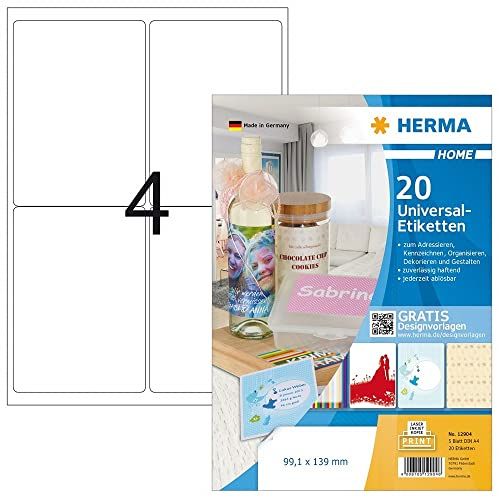 HERMA 12904 Haushalts-Etiketten DIN A4 ablösbar (99,1 x 139 mm, 5 Blatt, Papier, matt) selbstklebend, bedruckbar, abziehbare und wieder haftende Universal Aufkleber, 20 Klebeetiketten, weiß