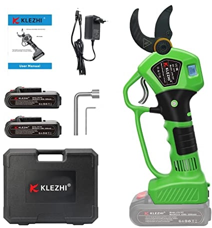 K KLEZHI 40mm Akku Astschere mit LED & Handschutz, Schnurlose Elektrische Gartenschere mit DLC-Beschichtung, 2x 2 Ah Lithium-Wiederaufladbar Akku, 21V Rebschere, Baumschere, 6–8 Arbeitsstunden