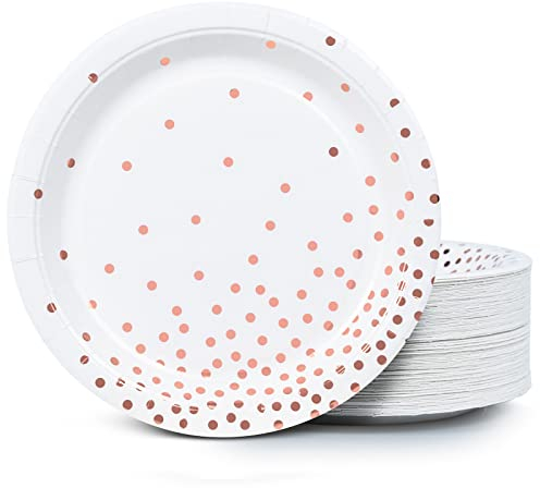 Lot de 100 assiettes jetables en carton blanc et or rose, à pois, 22,9 cm