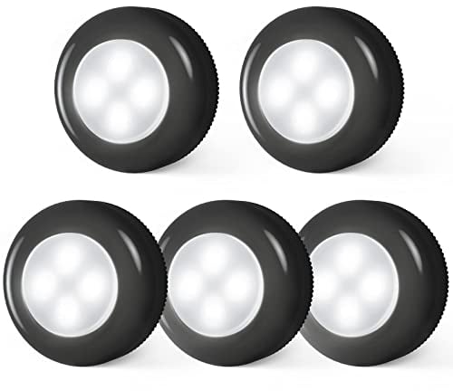 Dream Master Tap Light Push Lights Mini Night Touch LED Puck Under Cabinet Lighting Battery Operated Powered DIY Stick On Wireless Closet Counter Kitchen Black Cool 5 Pack, [Energy Class A++]