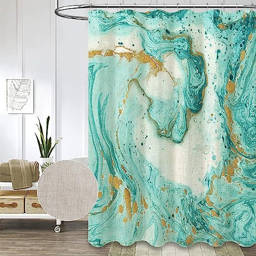 Tenda da doccia in lino verde marmo acquerello linee dorate turchese acqua tessuto tenda da bagno per bagno decorazione astratta cotone lino resistente 230 g/m² testurizzato impermeabile 182,9 x 182,9
