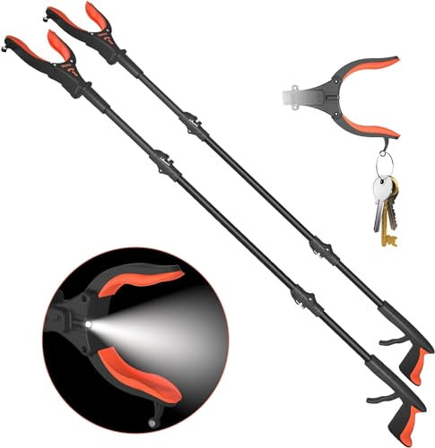 Kekoy 44'' 2-Pack Grabber Reacher Tool with Light, Extra Long Litter Pickers for Adults Grabber Stick for Elderly, Helping Hand Grabber for Disabled Aid Picker Upper, Rubbish Pick Up (2 Pack Orange)