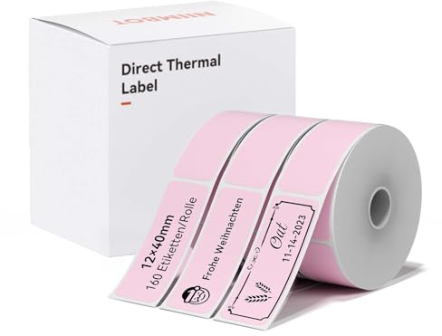 NIIMBOT Thermo Etiketten Selbstklebend, 12 x 40mm Etikettendrucker Thermopapier Kompatibel mit dem D110 D11 D101 Etikettendrucker, 160 Etiketten/Rolle (3-Rollen-Pack, Rosa)