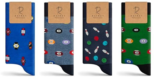 RAFRAY Socks - Funky Socken Geschenkbox - 8-Pool-Bowling-Uhr - Game Socken - Premium Baumwolle - 4 Paar - Größe 40-44