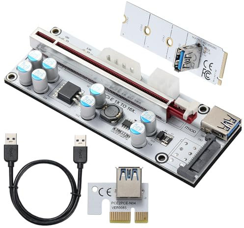 YBBOTT PCI-E Riser, M.2 NGFF to PCIE 16X GPU Riser Card M Key PCIE m.2 Adapter, PCI Express 1X to 16X VER010-X (4PIN/6PIN/SATA) + USB 3.0 Cable, 8 Solid Capacitors, for Bitcoin Crypto Ethereum Mining