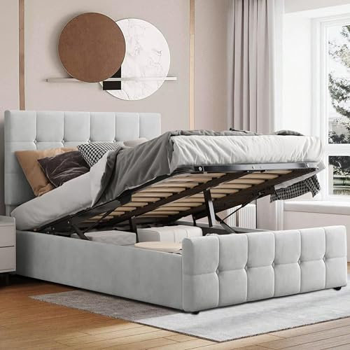 Ottoman Small Double Bed Frame, Upholstered Gas Lift Up Bed Frame with Storage, Ottoman Storage Bed with Gas Lift End Opening Wooden Slats, (4ft Grey Small Double, No Mattress Included)