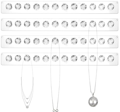 QWORK® Confezione da 4 grucce per collane in acrilico con 12 ganci a forma di diamante, organizer per gioielli montato a parete, design trasparente