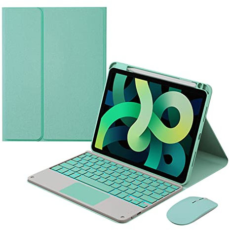 Funda Teclado Español Ñ con Ratón para iPad 9,7 (iPad Air 2/1, iPad Pro 9.7, iPad 6ª/ 5ªGen 2018/2017), Teclado Desmontable Retroiluminado de 7 Colores con Trackpad, Verde Claro Con Retroiluminación