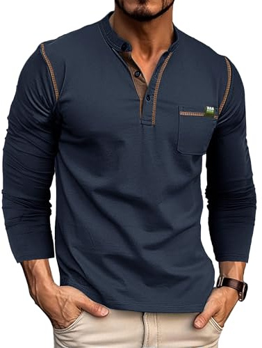 MAGIMODAC Herren Tshirt Langarm Hemd Baumwolle Langarmshirt V Ausschnitt Henley Shirt Tee Top T-Shirts mit Knopfleiste Dunkelblau XL