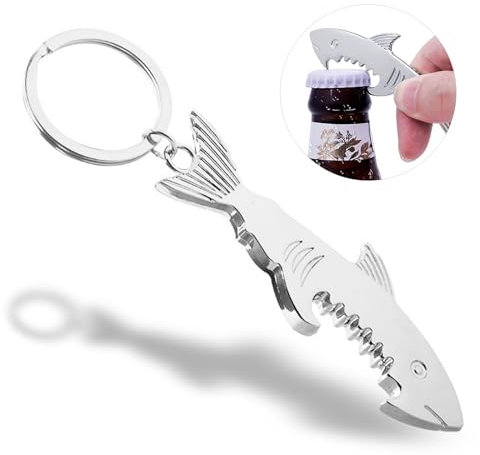 BelleVive Cavatappi creativi in metallo a forma di apribottiglie di birra squalo, portachiavi tascabile, per campeggio e viaggi, accessorio regalo