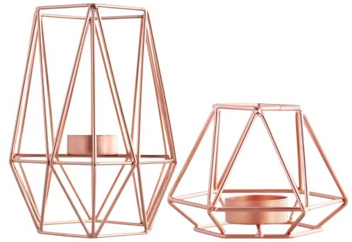 Dewocke 2PCS Geometrisches Kerzenhalter Rosegold, Teelichthalter Kerzenhalter Metall, Geometrische Kerzenständer, Hohl Eisen Kerzenlaternen Halter für Tischdeko,Party,Weihnachten,Hochzeit, Wohnzimmer