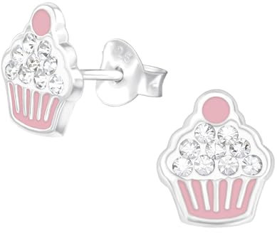 Monkimau Cupcake Kinder Ohrringe | mit Kristallen 925 Silber | Mädchen Ohrstecker Schmuck | Hypoallergen & Nickelfrei | Kinderohrringe Geschenkidee