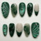 Shimmerz 24 Pieces Green Gel Almond Sticker Nails 3D Green Wave French Cat Eye Design Reusable Acrylic Urban Jungle 3D Star for Women