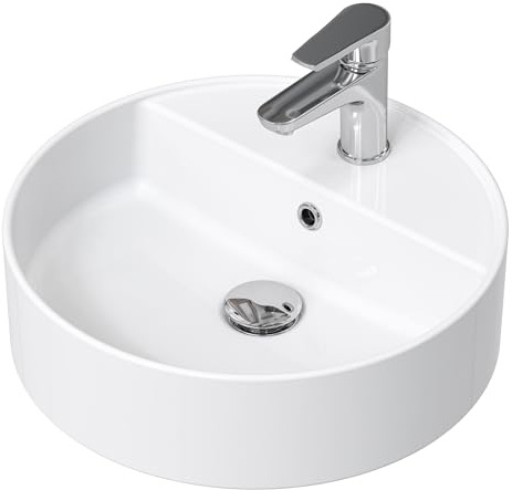 HOROW Waschbecken Rund Klein Aufsatzwaschbecken mit Rand | 42 cm Keramik Handwaschbecken mit Hahnloch & Überlauf Modernes Waschschale Weisses für Gäste WC
