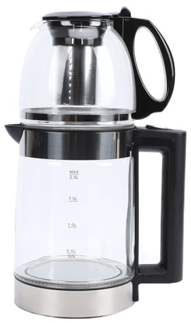 Elprico Tetera Turca Eléctrica, Samovar de Vidrio de Borosilicato de 2000 W con Hervidor de Agua de 2 L y Tetera de 0,8 L, Infusor de Acero Inoxidable, Función de Mantener Caliente y (Enchufe de la