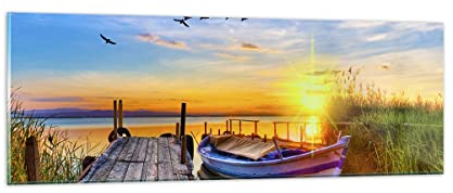 Panorama Bilder auf Glas See Boot Wasser Glasbild 90x30cm Wandbilder Dekoration Wohnzimmer Schlafzimmer Küche Klein Wanddeko Bild im Glas Wand Kunstdruck Art Modern Wall Decor Glasdruck GAB90x30-3983