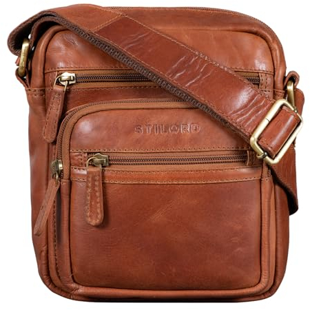 STILORD 'Fabian' Umhängetasche Leder Klein 9,7 Zoll Tablettasche für Herren Damen Leder Vintage Schultertasche DIN A5 Crossbody Bag Echtleder, Farbe:cognac - glänzend