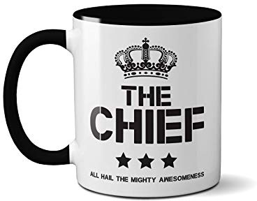 SMARTYPANTS The Chief Printed Ceramic Black Handle Mug Funny Father's Day Gift Present Christmas Birthday (Black Handle Prime)