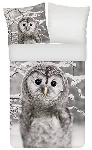 ESPiCO Bettwäsche Trendy Bedding Eule Waldkauz Weiss Vogel Schnee Tier Uhu Winter Flanell, Größe:135 cm x 200 cm