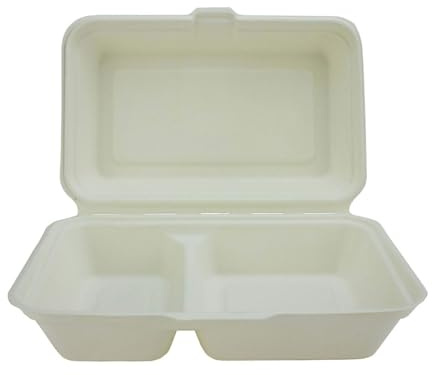 We Can Source It Ltd - 2 Compartment Bagasse Burger Boxes 240x155x75mm with Secure Hinged Lid – Strong Disposable Takeaway Food Containers – Ideal for Burgers, Meals, and Catering Use - Pack of 50