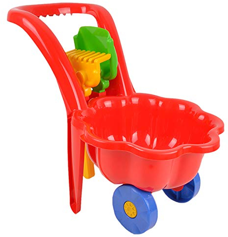 Garden Tools for Children Wheelbarrow Garden Children Toy Sand Toy Sandpit + Shovel + Rake (Red)