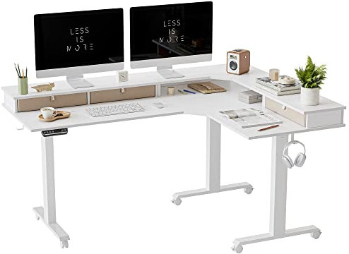 FEZIBO Single Motor 160 * 120 cm L Shaped Standing Desk with 3 Drawers, Electric Standing Gaming Desk Adjustable Height, Corner Stand up Desk with Splice Board, White Frame/White Top