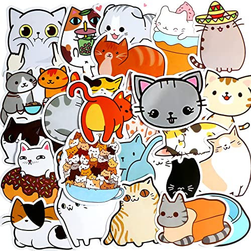50 Pieces Cute Cartoon Cat Stickers for Decoration, Waterproof Kawaii Stickers for Kids, Girls, Vinyl Decals Animal Stickers for Laptop Water Bottles, Skateboard, Luggage, Scrapbook
