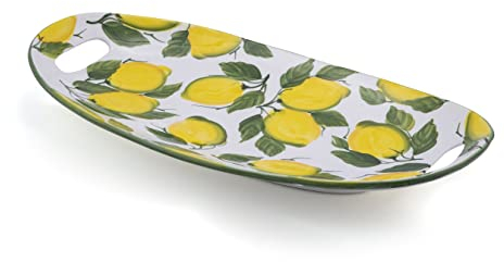 Keramikpool Bassano Zitronen Servierplatte groß oval Ausgefallene italienische Keramik bemalt 51x27