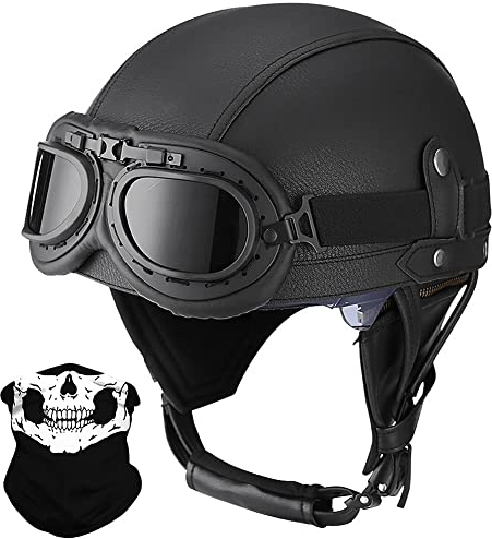 Deutsche Leder Motorrad Halbhelme mit ECE, Vintage Helme mit Schutzbrille, Jethelm Retro, Chopper Helm, Scooter-Helm, Fahrradhelm, mit Sonnenblende und Herausnehmbares Innenfutter