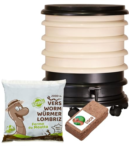 WormBox | Wurmkomposter Wurmfarm Wurmkiste mit 4 Schalen Elfenbein + 1kg Kompostwürmer / 2000 STK + 1 Coco | 64 Liter | Regenwurmkomposter, Kompostwürmer produzieren Wurmhumus