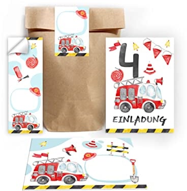 Junapack 12 Einladungskarten zum 4. Kindergeburtstag vierte Geburtstag Jungen Feuerwehr Feuerwehrauto incl. 12 Umschläge, 12 Tüten/natur, 12 Aufkleber