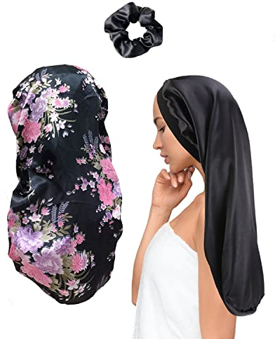 MUFEKUM 3 Stück Haar Haube zum Schlafen, Lange Satin Haube Breites Band Nacht SchlafMütze Schlafen Kopfbedeckung, Große Weiche Elastische Seide Haube für Frauen Mädchen (Schwarz)