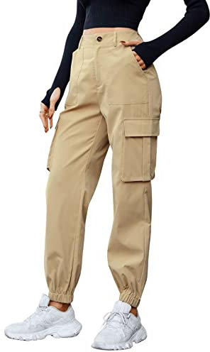 GORGLITTER Damen Cargo Hose Classics Cargohose Straight Hohe Taille Capri Lange Hosen Streatwear mit Taschen Khaki L