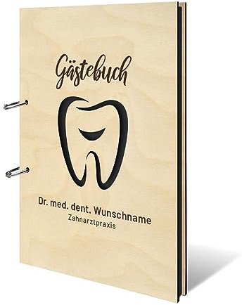 Personalisiertes Fotoalbum echtes Holz DIN A4 Besucher Buch mit Lasergravur - Zahnarzt - mit 25 Blatt / 50 Seiten Fotokarton Schwarz