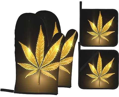 LAMAME Ofenhandschuhe und Topflappen, Motiv: goldener Cannabis, bedruckt, hitzebeständig, Küchenhandschuhe