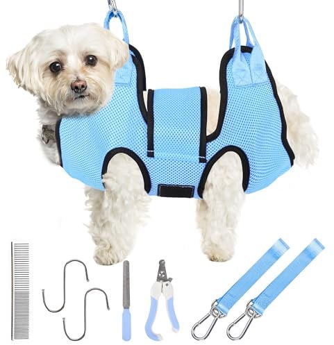 PatiencET Dog Grooming Hammock for Nail Trimming Pet Hammock for Small Dogs with Security Strap Cat Sling for Nail Clipping with Clippers Nail File and Pet Comb (Cerulean S)
