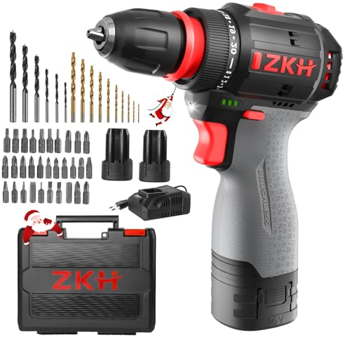 ZKH 16V avvitatore a batteria, 2-IN-1 trapano a batteria con 2 batterie 2,0Ah, 55 N.m, 2 velocità, 20+1 Coppia, 47 Accessori, Luce LED, per riparazioni domestiche, fai-da-te